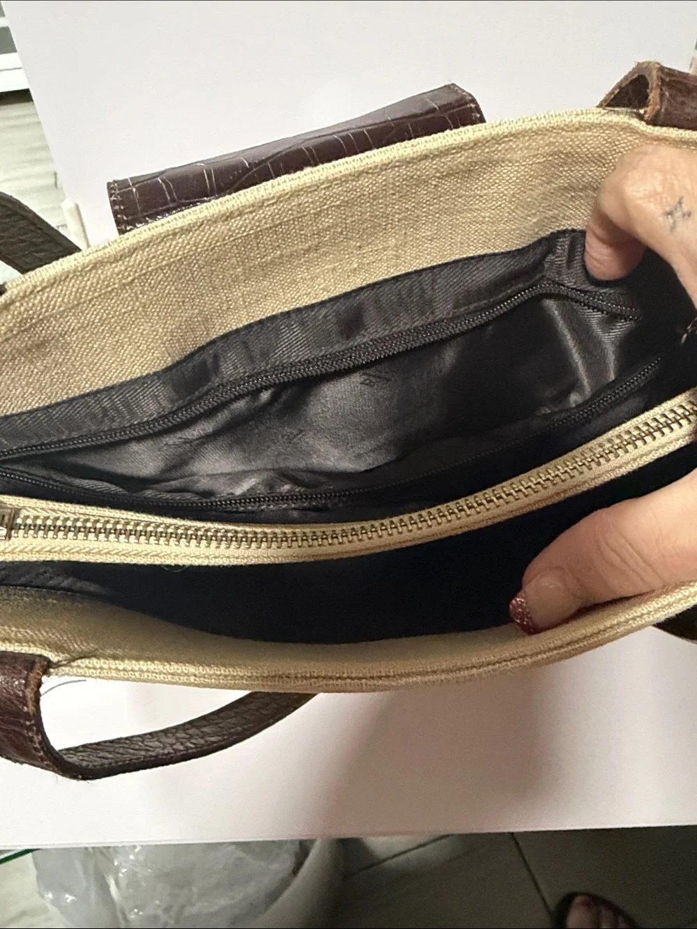 Ralph Lauren Beige Canvas Shoulder Bag with Dark Brown Croc-Embossed Trim